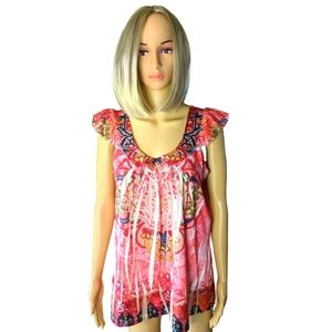 "b. friends" light flowing   floral pleated Top/blouse w/decorative neckline. Lg